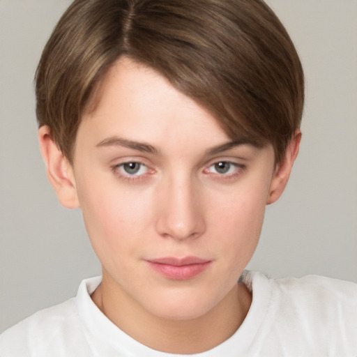 Neutral white young-adult female with short  brown hair and brown eyes