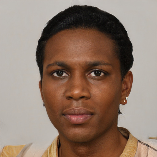 Neutral black young-adult male with short  black hair and brown eyes