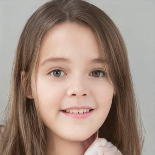 Joyful white child female with long  brown hair and grey eyes