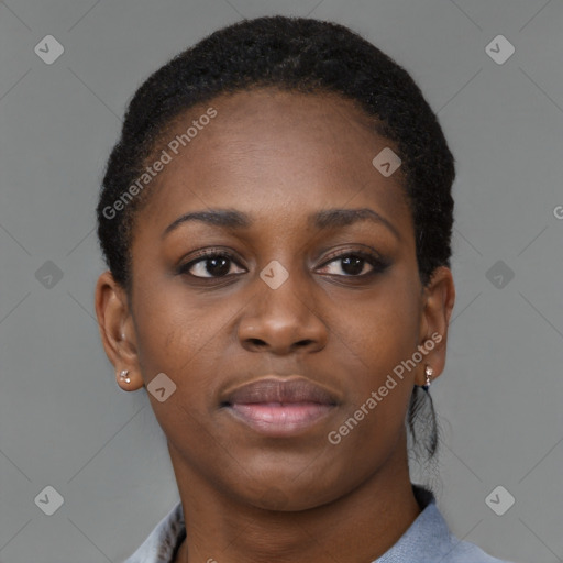 Neutral black young-adult female with short  brown hair and brown eyes