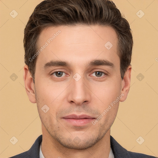 Neutral white young-adult male with short  brown hair and brown eyes