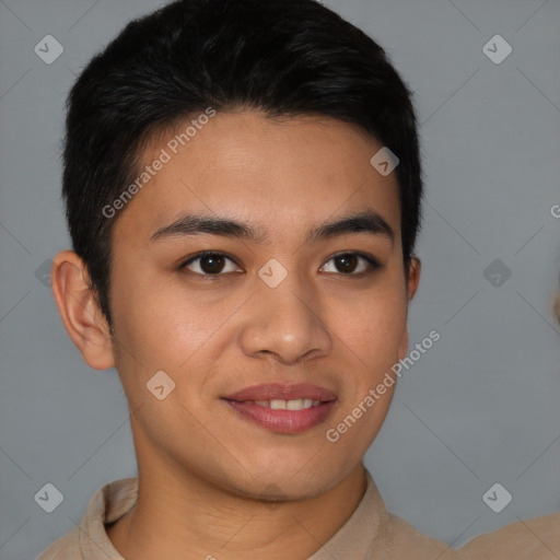Joyful asian young-adult male with short  brown hair and brown eyes