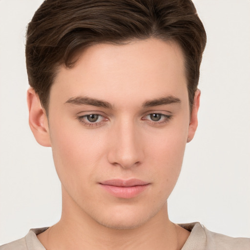 Neutral white young-adult male with short  brown hair and brown eyes