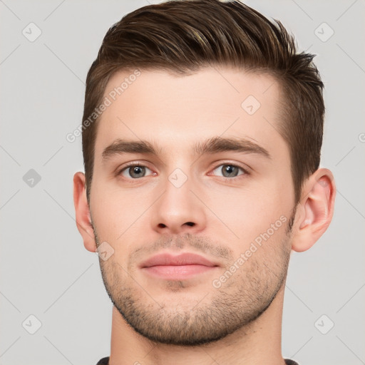 Neutral white young-adult male with short  brown hair and brown eyes