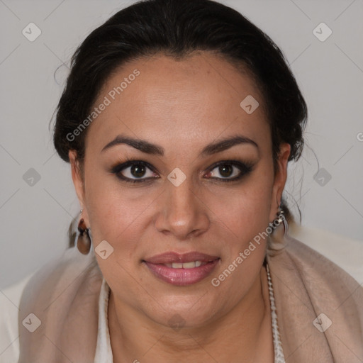 Joyful latino young-adult female with medium  brown hair and brown eyes