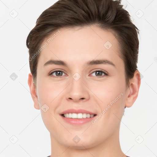 Joyful white young-adult female with short  brown hair and brown eyes