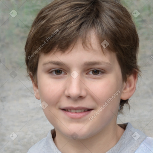 Joyful white child female with short  brown hair and brown eyes