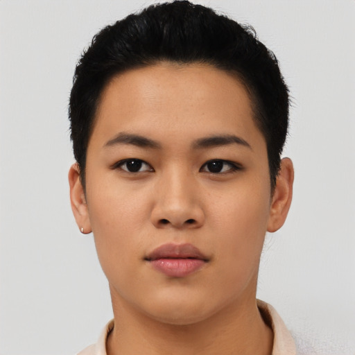 Neutral asian young-adult female with short  black hair and brown eyes