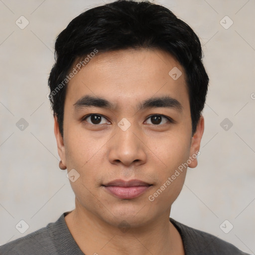 Neutral asian young-adult male with short  black hair and brown eyes