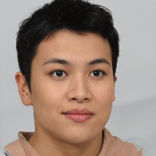 Neutral asian young-adult female with short  brown hair and brown eyes