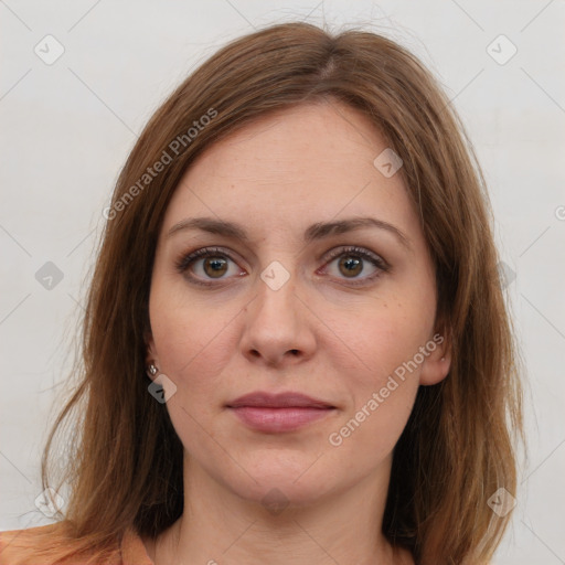 Neutral white young-adult female with long  brown hair and brown eyes