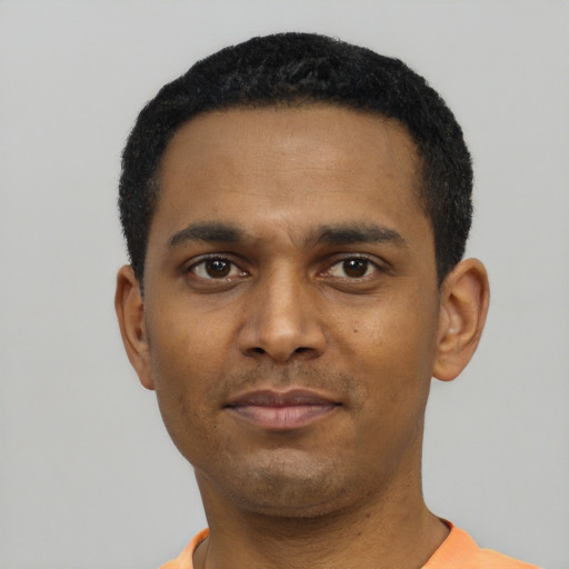 Neutral black young-adult male with short  black hair and brown eyes