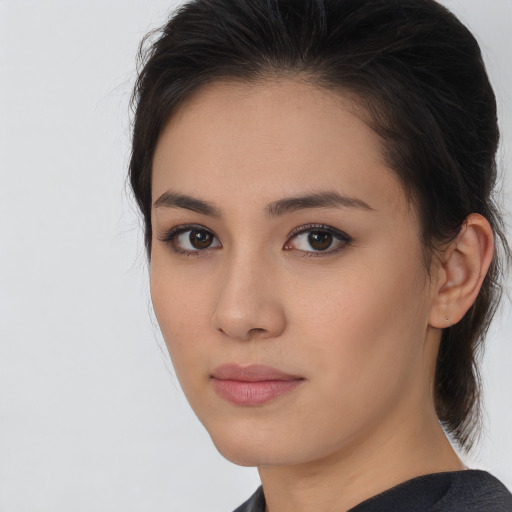 Neutral white young-adult female with medium  brown hair and brown eyes
