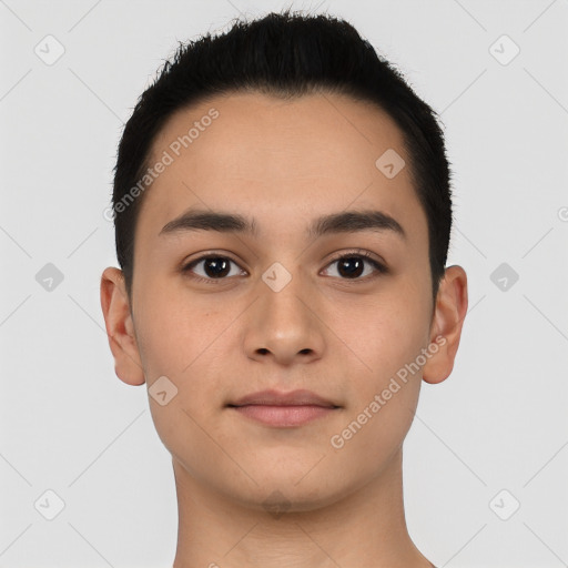 Neutral latino young-adult male with short  black hair and brown eyes