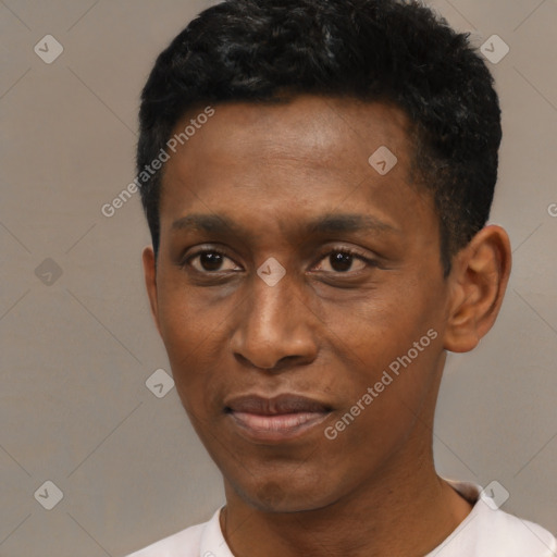 Neutral black young-adult male with short  black hair and brown eyes