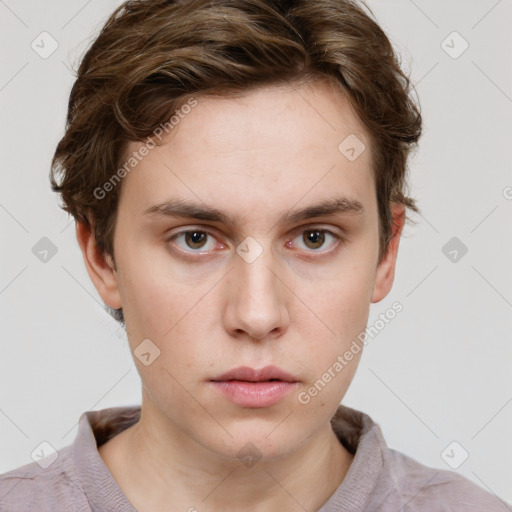 Neutral white young-adult male with short  brown hair and grey eyes