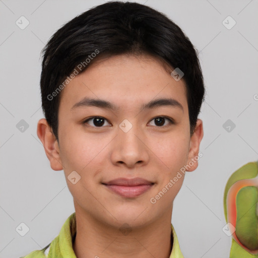 Joyful asian young-adult female with short  brown hair and brown eyes