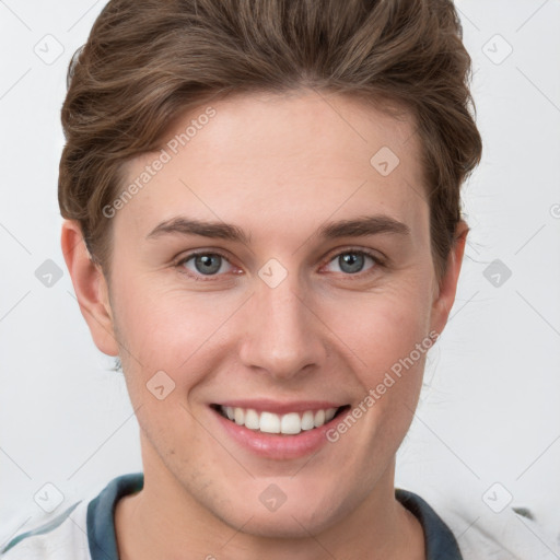 Joyful white young-adult female with short  brown hair and grey eyes