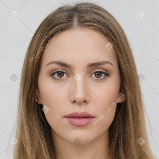 Neutral white young-adult female with long  brown hair and brown eyes