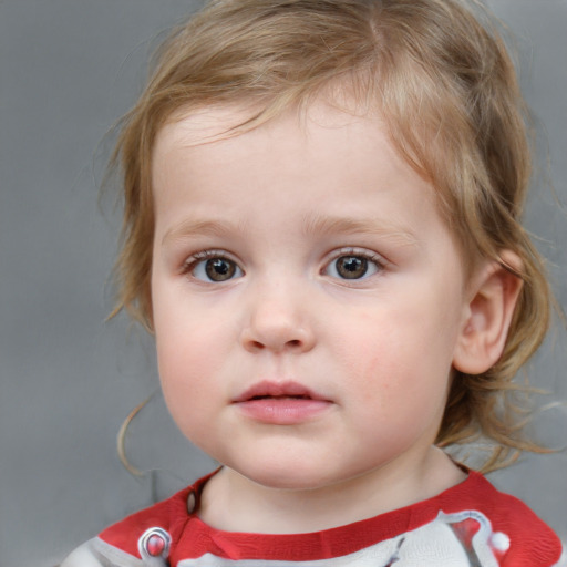 Neutral white child female with medium  brown hair and grey eyes