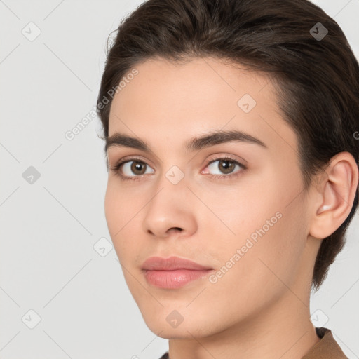 Neutral white young-adult female with medium  brown hair and brown eyes