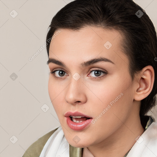 Neutral white young-adult female with medium  brown hair and brown eyes