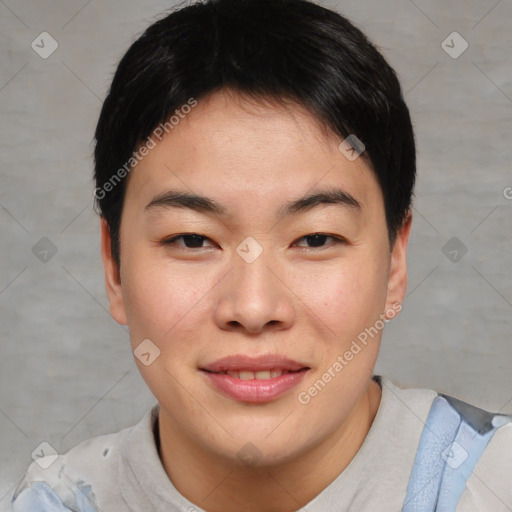 Joyful asian young-adult female with short  brown hair and brown eyes