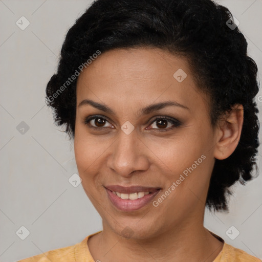 Joyful latino young-adult female with short  brown hair and brown eyes