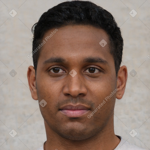 Neutral latino young-adult male with short  brown hair and brown eyes