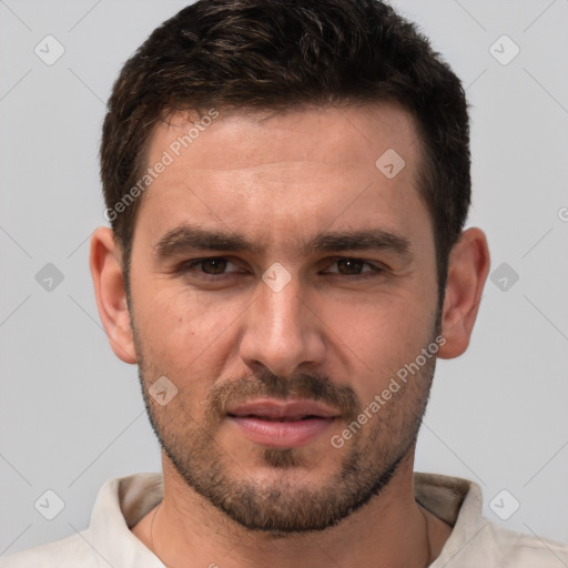 Joyful white young-adult male with short  brown hair and brown eyes