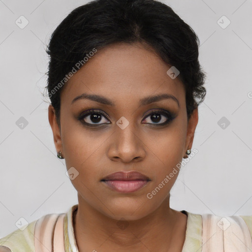 Joyful latino young-adult female with short  black hair and brown eyes