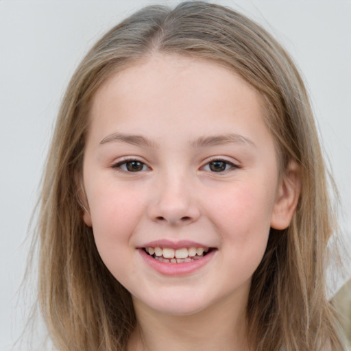 Joyful white child female with medium  brown hair and grey eyes