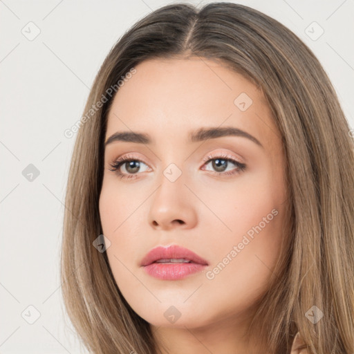 Neutral white young-adult female with long  brown hair and brown eyes