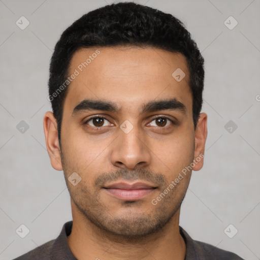 Neutral latino young-adult male with short  black hair and brown eyes