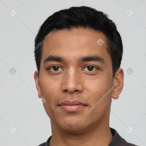 Neutral asian young-adult male with short  black hair and brown eyes