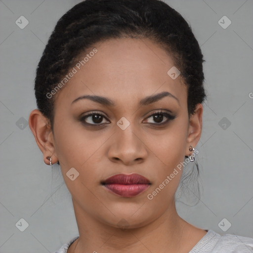 Joyful black young-adult female with short  brown hair and brown eyes