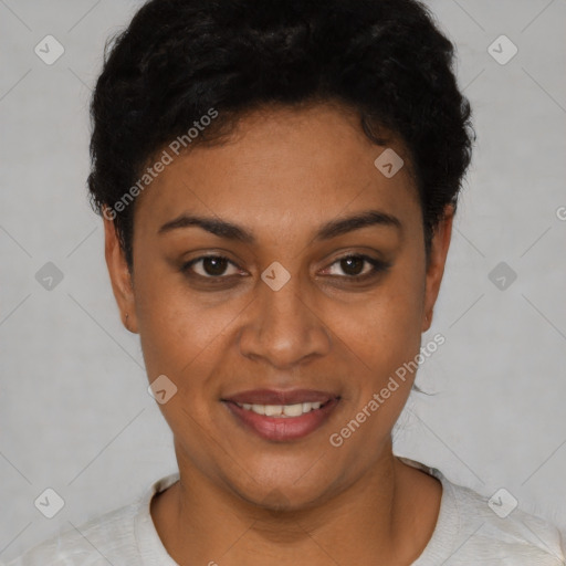 Joyful latino young-adult female with short  black hair and brown eyes