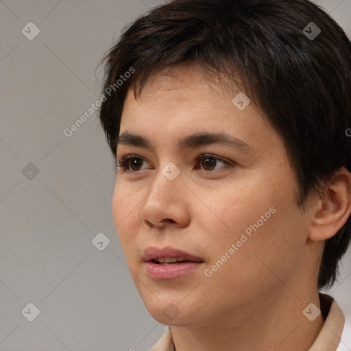 Neutral white young-adult female with short  brown hair and brown eyes