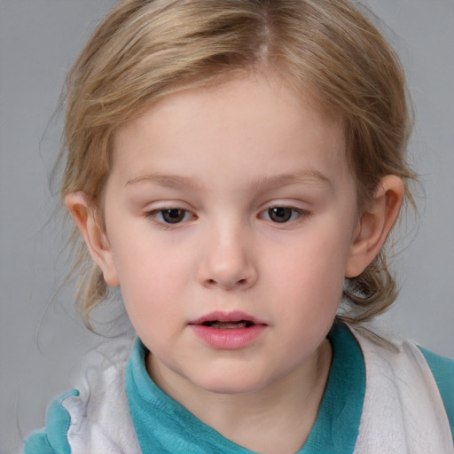 Neutral white child female with medium  brown hair and blue eyes