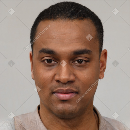 Neutral black young-adult male with short  black hair and brown eyes