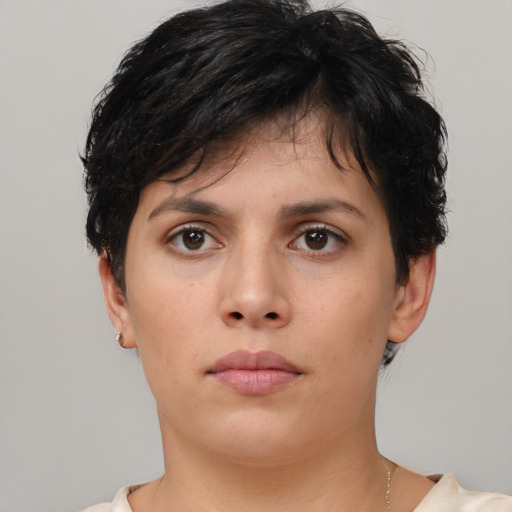 Neutral asian young-adult female with short  brown hair and brown eyes