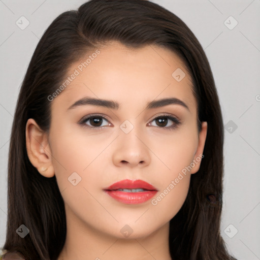 Neutral white young-adult female with long  brown hair and brown eyes