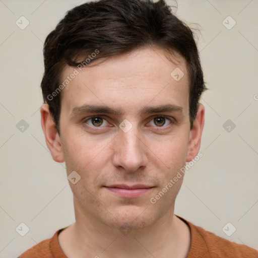 Neutral white young-adult male with short  brown hair and grey eyes