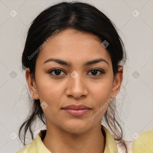 Joyful latino young-adult female with medium  brown hair and brown eyes