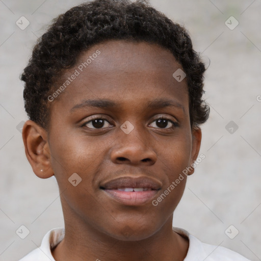 Joyful black young-adult male with short  brown hair and brown eyes