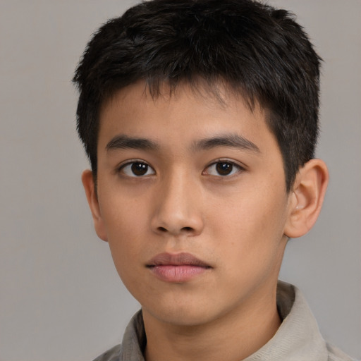 Neutral asian young-adult male with short  brown hair and brown eyes
