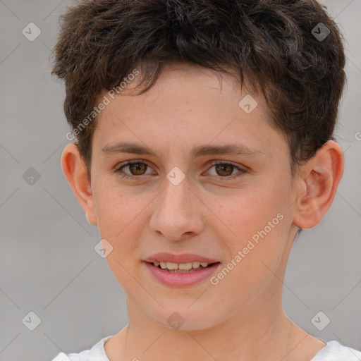 Joyful white child male with short  brown hair and brown eyes