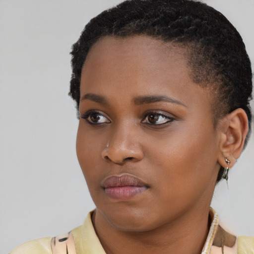 Neutral black young-adult female with short  brown hair and brown eyes