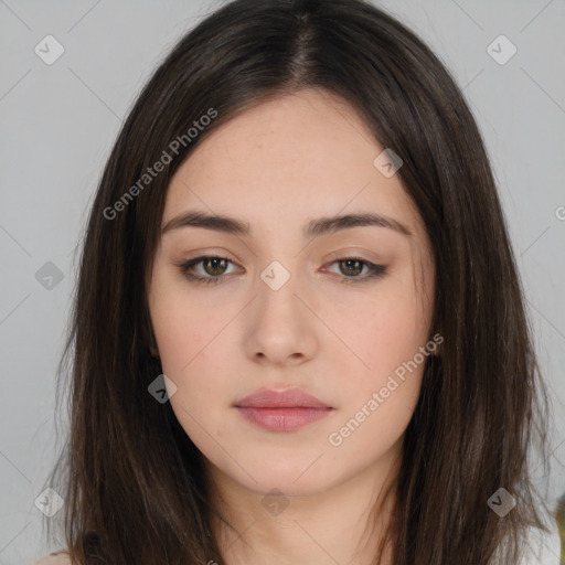 Neutral white young-adult female with long  brown hair and brown eyes