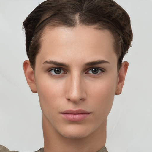 Neutral white young-adult female with short  brown hair and brown eyes